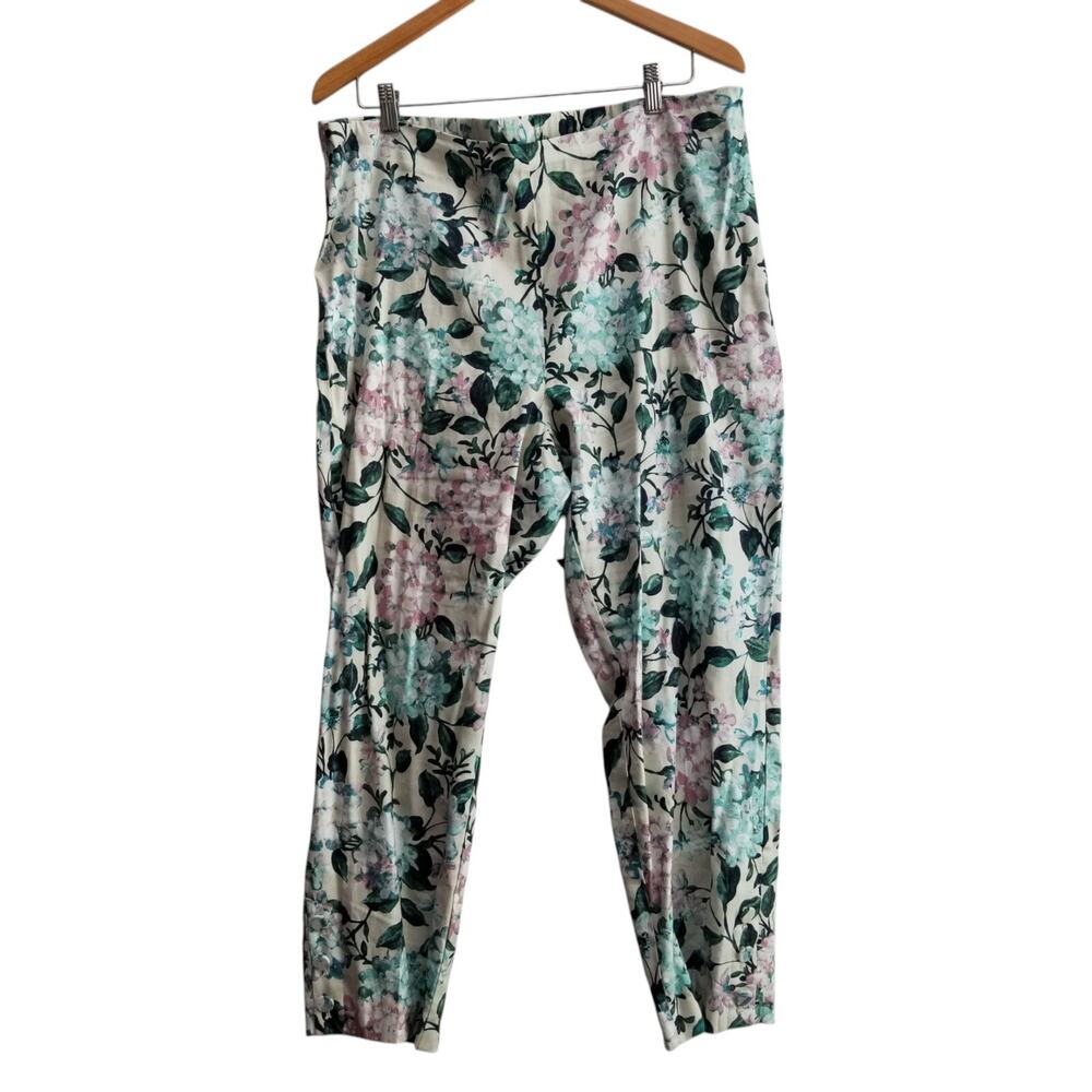 J Jill Linen Stretch Linen Bl Pants Floral Pull on Elastic Button Ankle Fit 2X